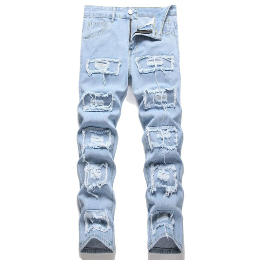 Men Jeans Ankle Length Pants Denim Skinny Ripped Solid Vintage Wash Distressed Slim Fit Pockets - PratSN