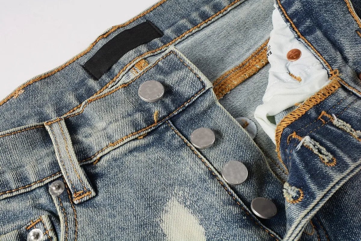 Men Jeans Fashion High Street Retro wash Light Blue Distressed Tie Dye Stretch Skinny Button Fly Hole Ripped Jeans Pants - PratSN