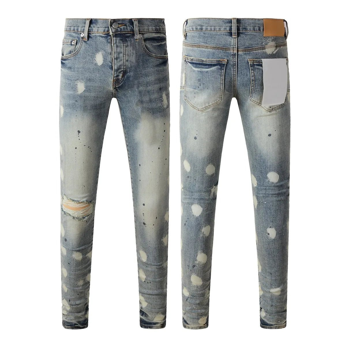 Men Jeans Fashion High Street Retro wash Light Blue Distressed Tie Dye Stretch Skinny Button Fly Hole Ripped Jeans Pants - PratSN