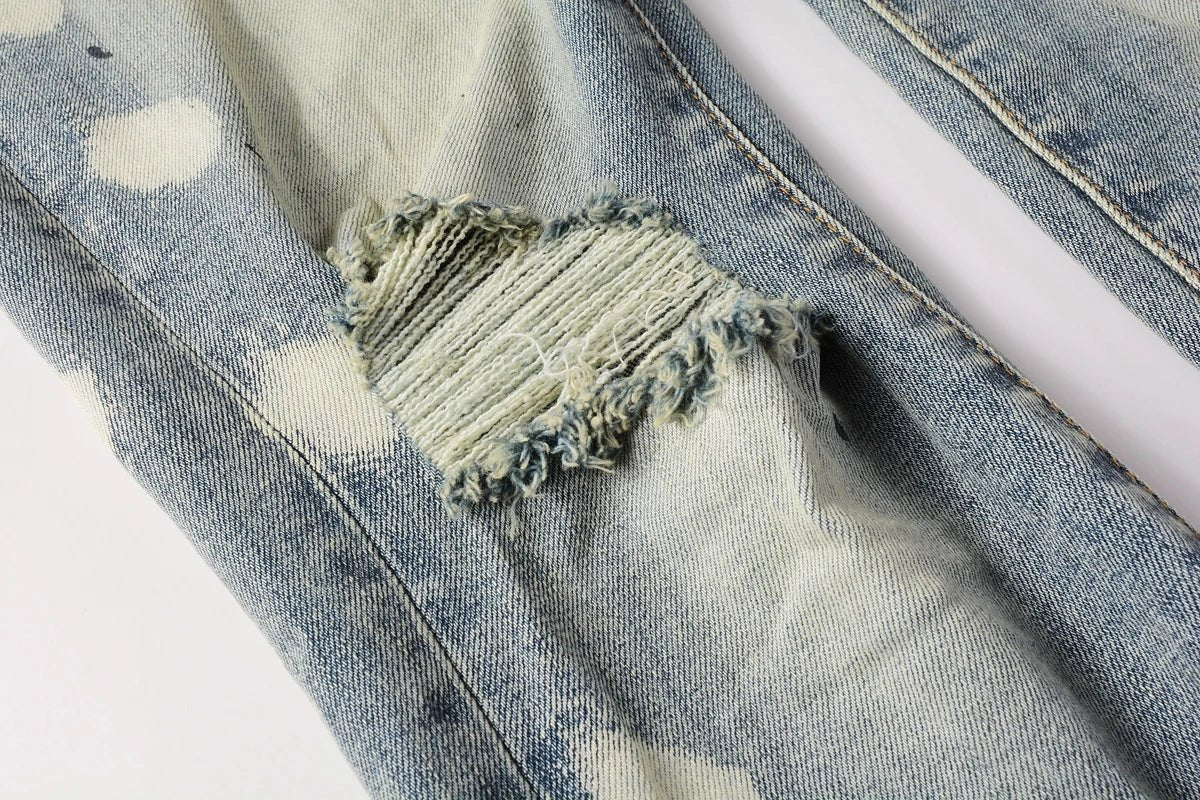 Men Jeans Fashion High Street Retro wash Light Blue Distressed Tie Dye Stretch Skinny Button Fly Hole Ripped Jeans Pants - PratSN