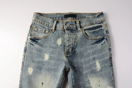 Men Jeans Fashion High Street Retro wash Light Blue Distressed Tie Dye Stretch Skinny Button Fly Hole Ripped Jeans Pants - PratSN