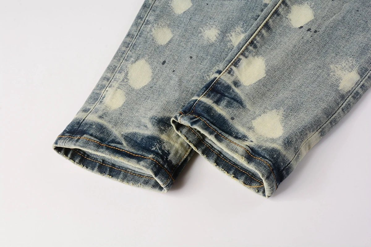 Men Jeans Fashion High Street Retro wash Light Blue Distressed Tie Dye Stretch Skinny Button Fly Hole Ripped Jeans Pants - PratSN
