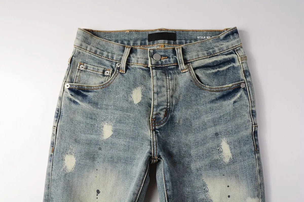 Men Jeans Fashion High Street Retro wash Light Blue Distressed Tie Dye Stretch Skinny Button Fly Hole Ripped Jeans Pants - PratSN