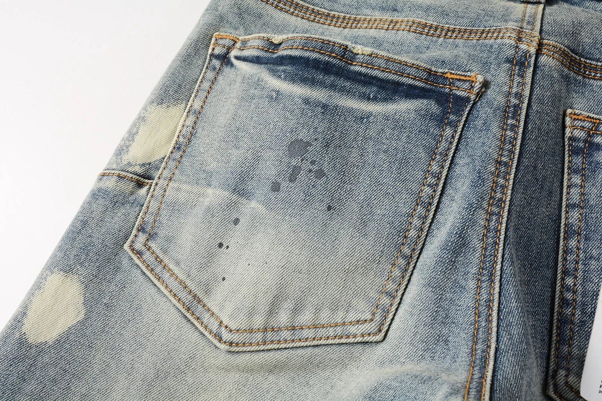 Men Jeans Fashion High Street Retro wash Light Blue Distressed Tie Dye Stretch Skinny Button Fly Hole Ripped Jeans Pants - PratSN