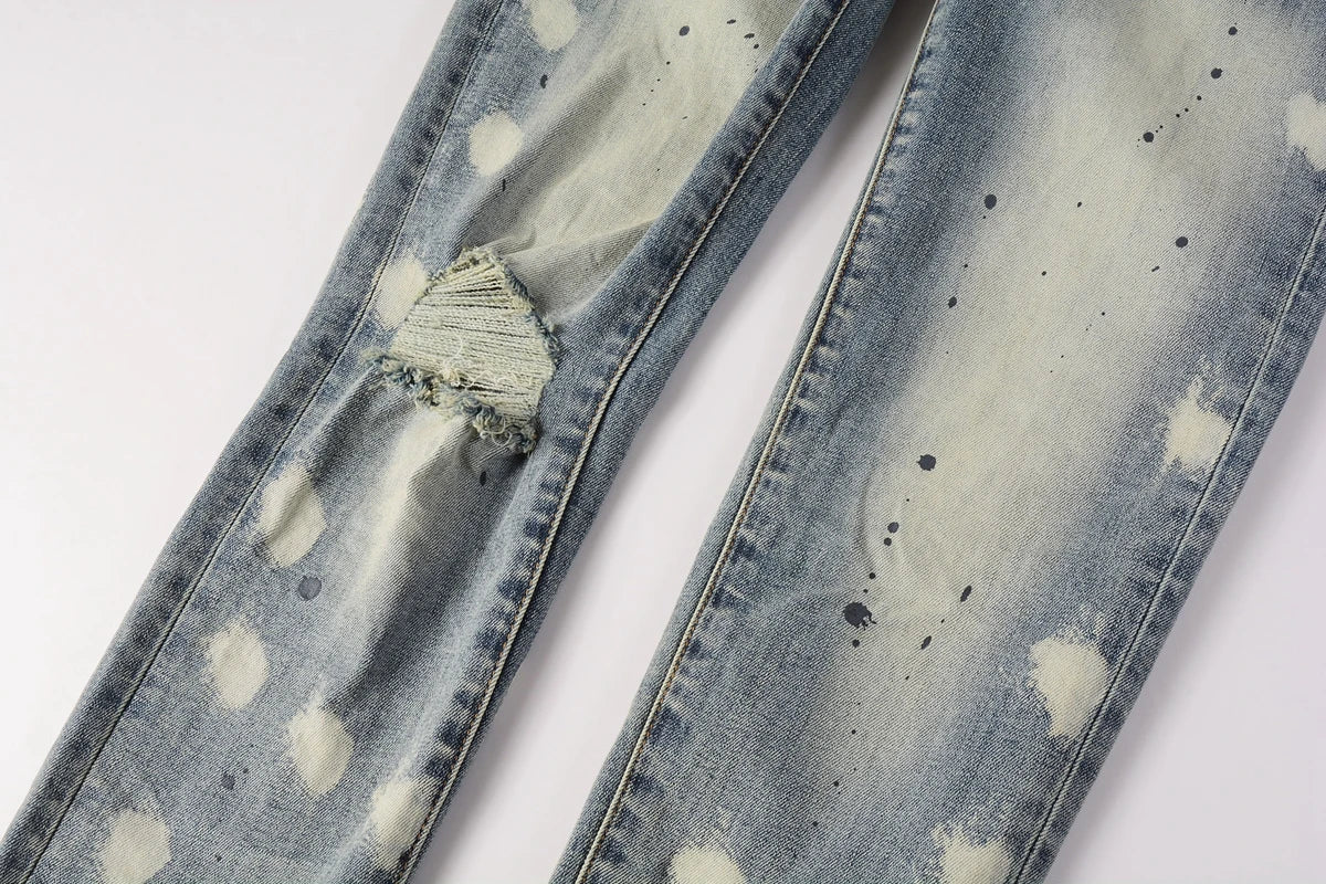 Men Jeans Fashion High Street Retro wash Light Blue Distressed Tie Dye Stretch Skinny Button Fly Hole Ripped Jeans Pants - PratSN