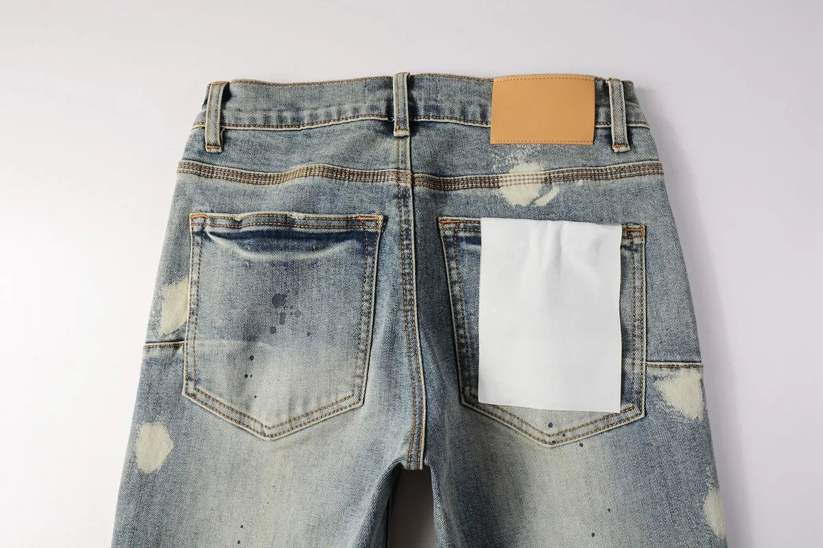 Men Jeans Fashion High Street Retro wash Light Blue Distressed Tie Dye Stretch Skinny Button Fly Hole Ripped Jeans Pants - PratSN