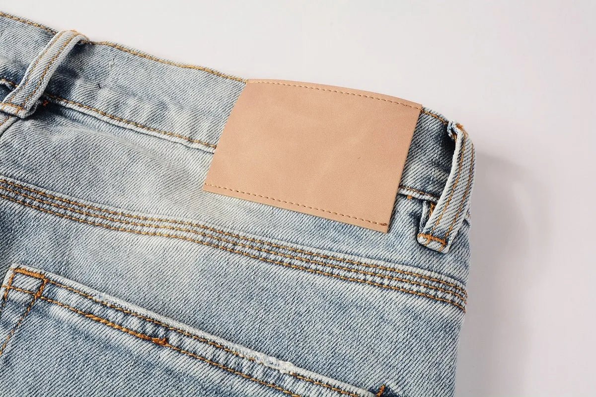 Men Jeans Fashion Trends Distressed Light Indigo Damaged Holes Graffiti pattern Stretch Skinny Button Fly Ripped Jeans Pants - PratSN