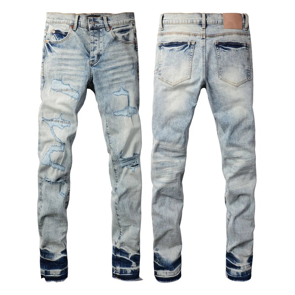 Men Jeans Fashion Trends Distressed Light Indigo Damaged Holes Graffiti pattern Stretch Skinny Button Fly Ripped Jeans Pants - PratSN