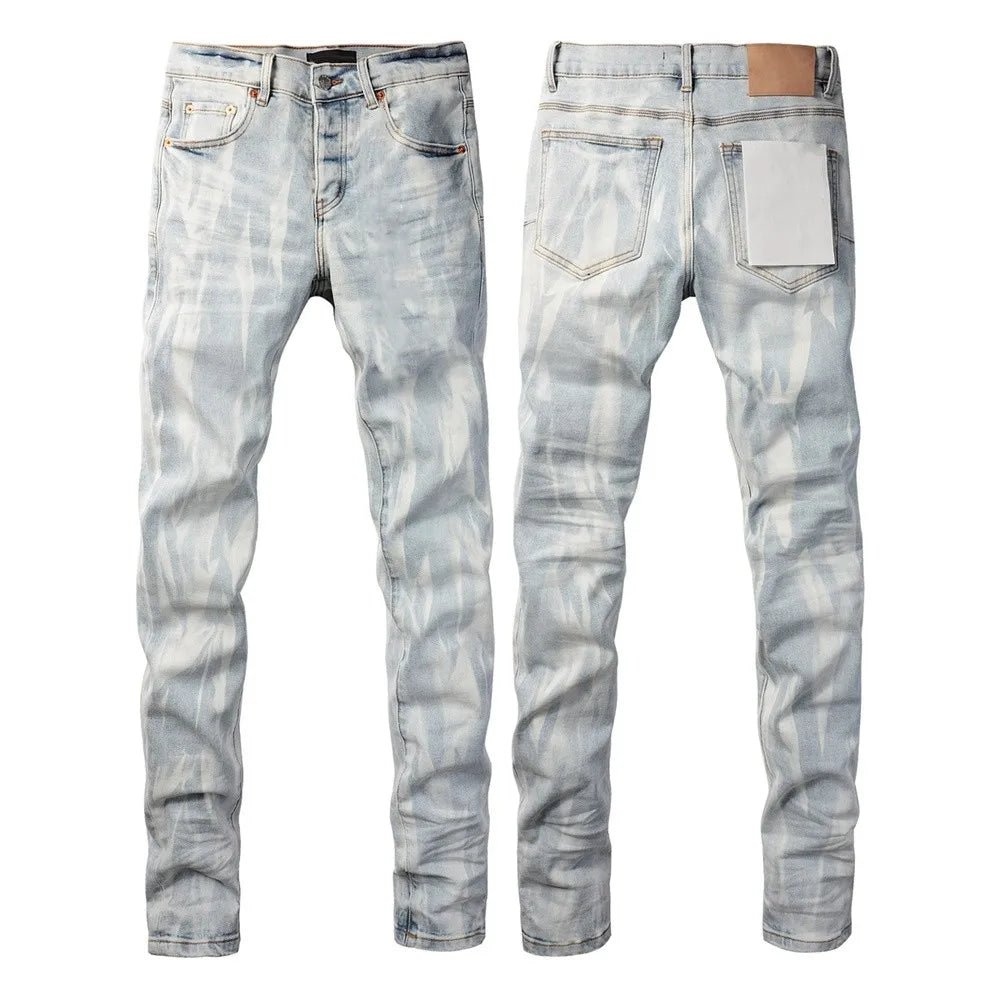 Men Jeans Fashion Trends Distressed Light Indigo Damaged Holes Graffiti pattern Stretch Skinny Button Fly Ripped Jeans Pants - PratSN