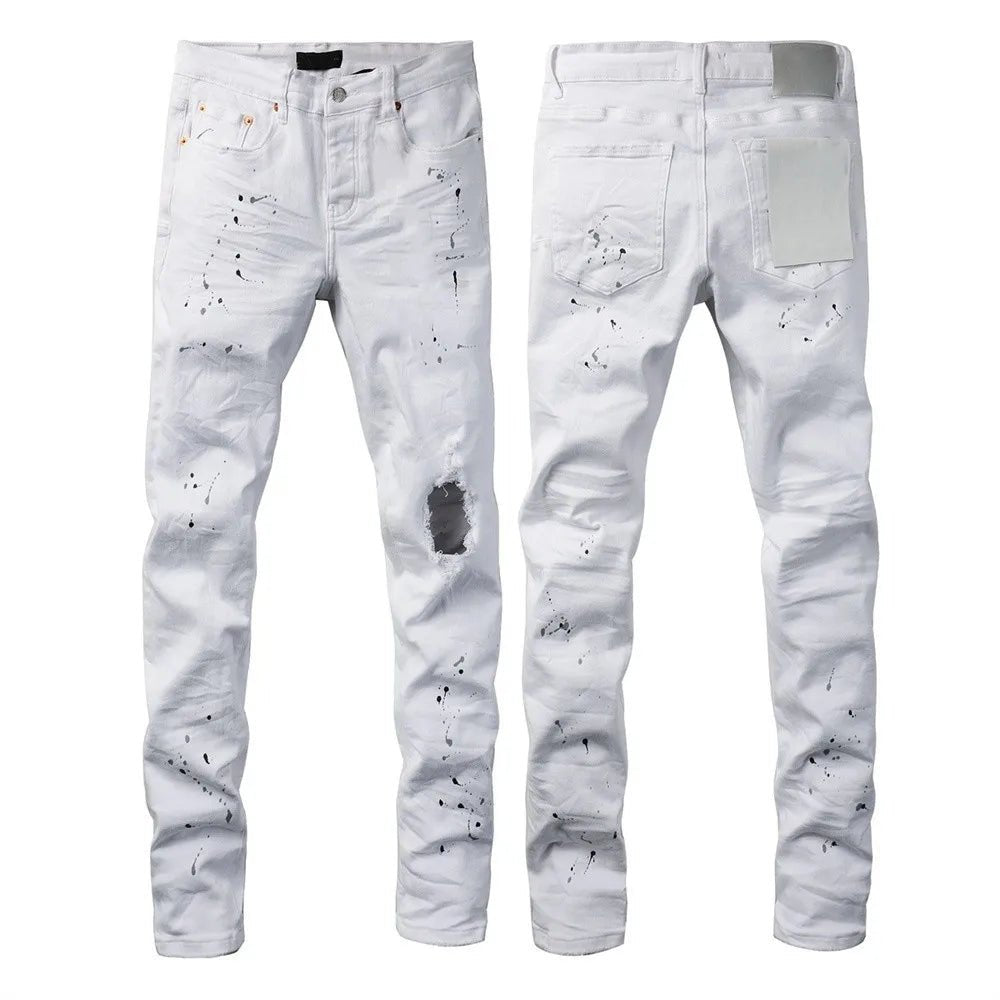 Men Jeans Fashion Trends Distressed Light Indigo Damaged Holes Graffiti pattern Stretch Skinny Button Fly Ripped Jeans Pants - PratSN