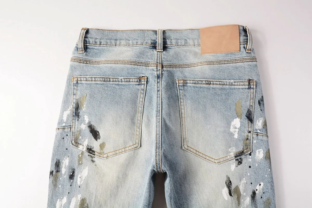 Men Jeans Fashion Trends Distressed Light Indigo Damaged Holes Graffiti pattern Stretch Skinny Button Fly Ripped Jeans Pants - PratSN