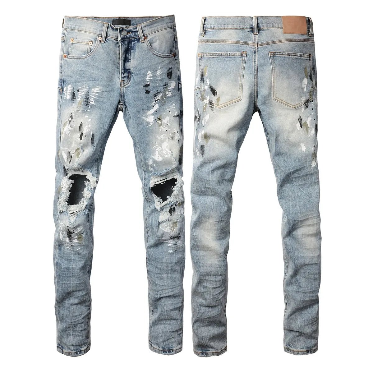 Men Jeans Fashion Trends Distressed Light Indigo Damaged Holes Graffiti pattern Stretch Skinny Button Fly Ripped Jeans Pants - PratSN