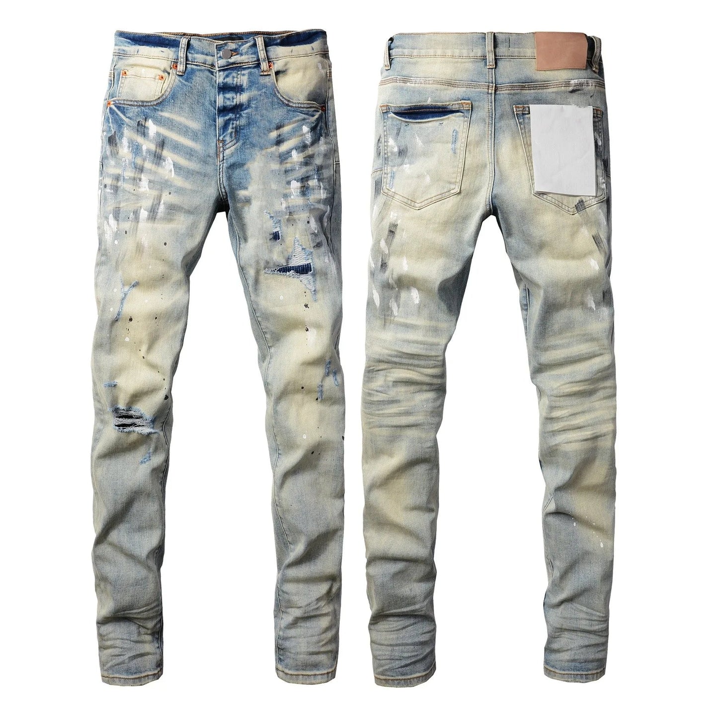 Men Jeans Fashion Trends Distressed Light Indigo Damaged Holes Graffiti pattern Stretch Skinny Button Fly Ripped Jeans Pants - PratSN