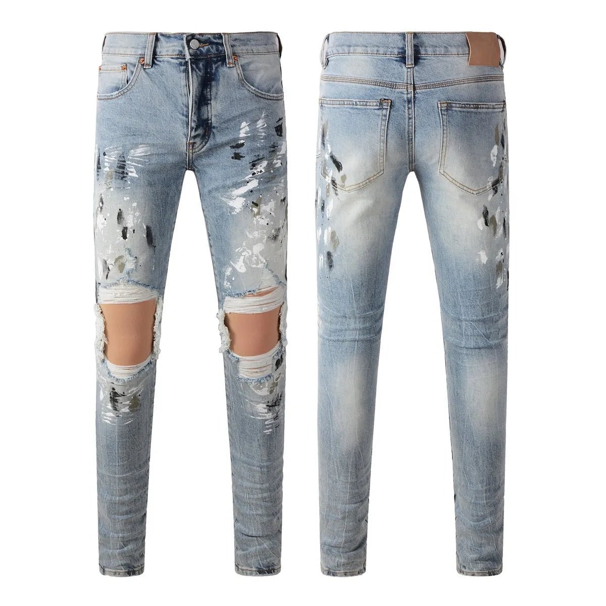Men Jeans Fashion Trends Distressed Light Indigo Damaged Holes Graffiti pattern Stretch Skinny Button Fly Ripped Jeans Pants - PratSN