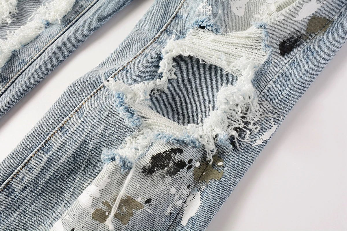 Men Jeans Fashion Trends Distressed Light Indigo Damaged Holes Graffiti pattern Stretch Skinny Button Fly Ripped Jeans Pants - PratSN