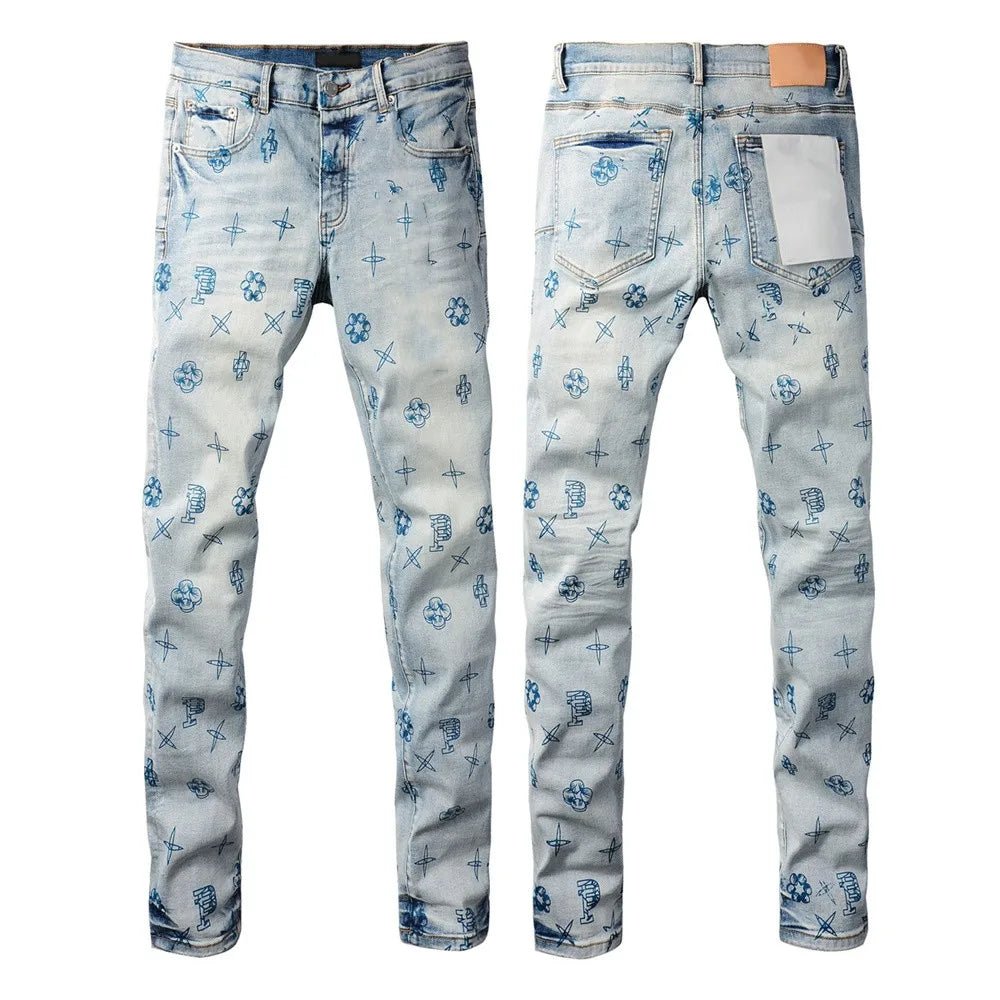 Men Jeans Fashion Trends Distressed Light Indigo Damaged Holes Graffiti pattern Stretch Skinny Button Fly Ripped Jeans Pants - PratSN