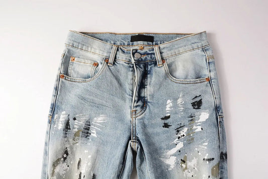 Men Jeans Fashion Trends Distressed Light Indigo Damaged Holes Graffiti pattern Stretch Skinny Button Fly Ripped Jeans Pants - PratSN