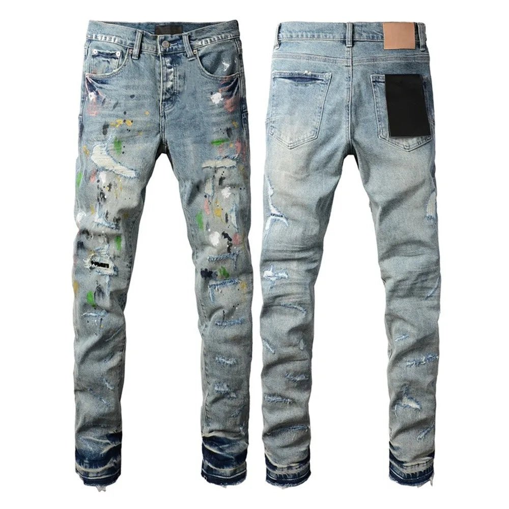 Men Jeans Fashion Trends Distressed Light Indigo Damaged Holes Graffiti pattern Stretch Skinny Button Fly Ripped Jeans Pants - PratSN