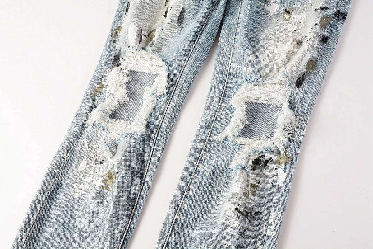 Men Jeans Fashion Trends Distressed Light Indigo Damaged Holes Graffiti pattern Stretch Skinny Button Fly Ripped Jeans Pants - PratSN