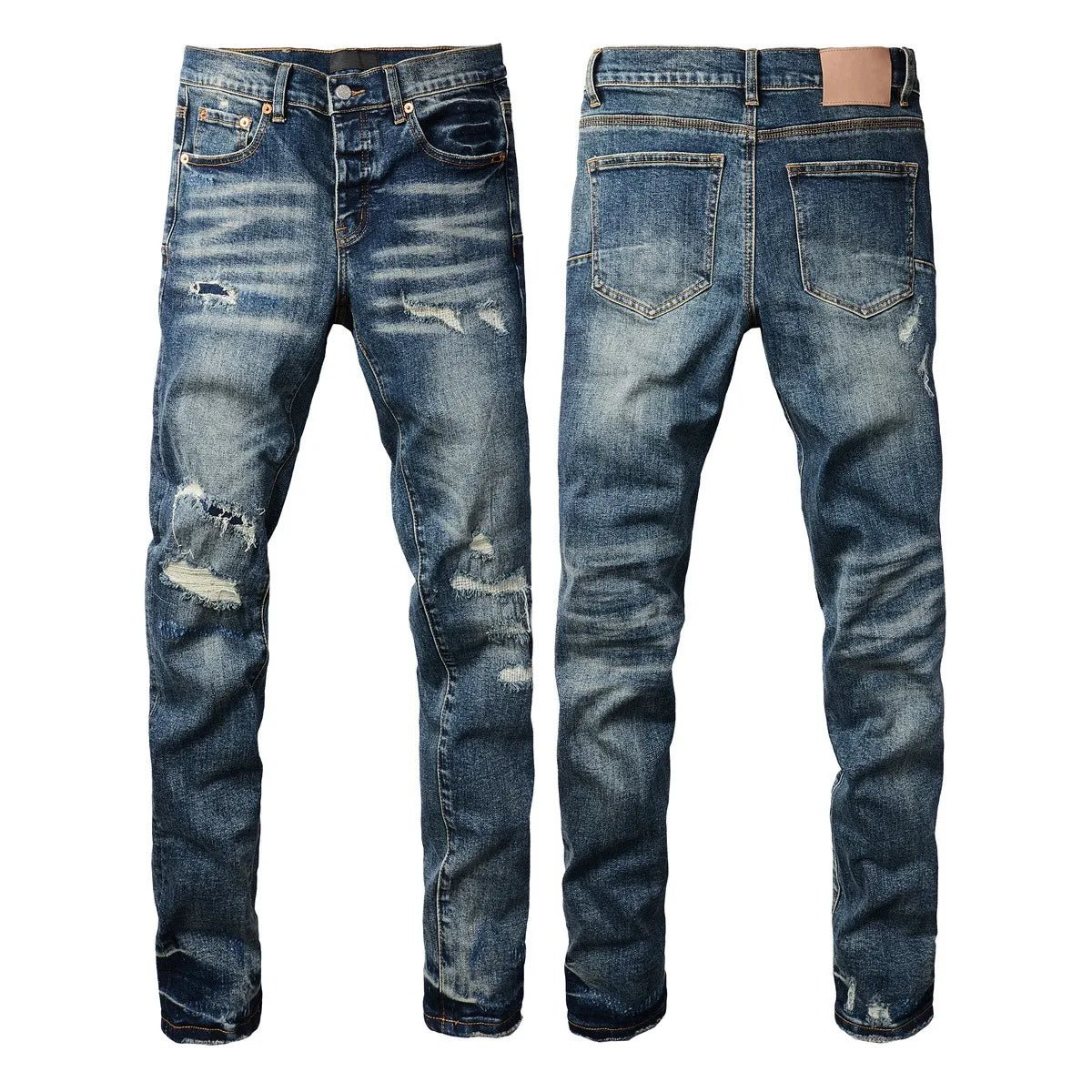 Men Jeans Fashion Trends Distressed Light Indigo Damaged Holes Graffiti pattern Stretch Skinny Button Fly Ripped Jeans Pants - PratSN