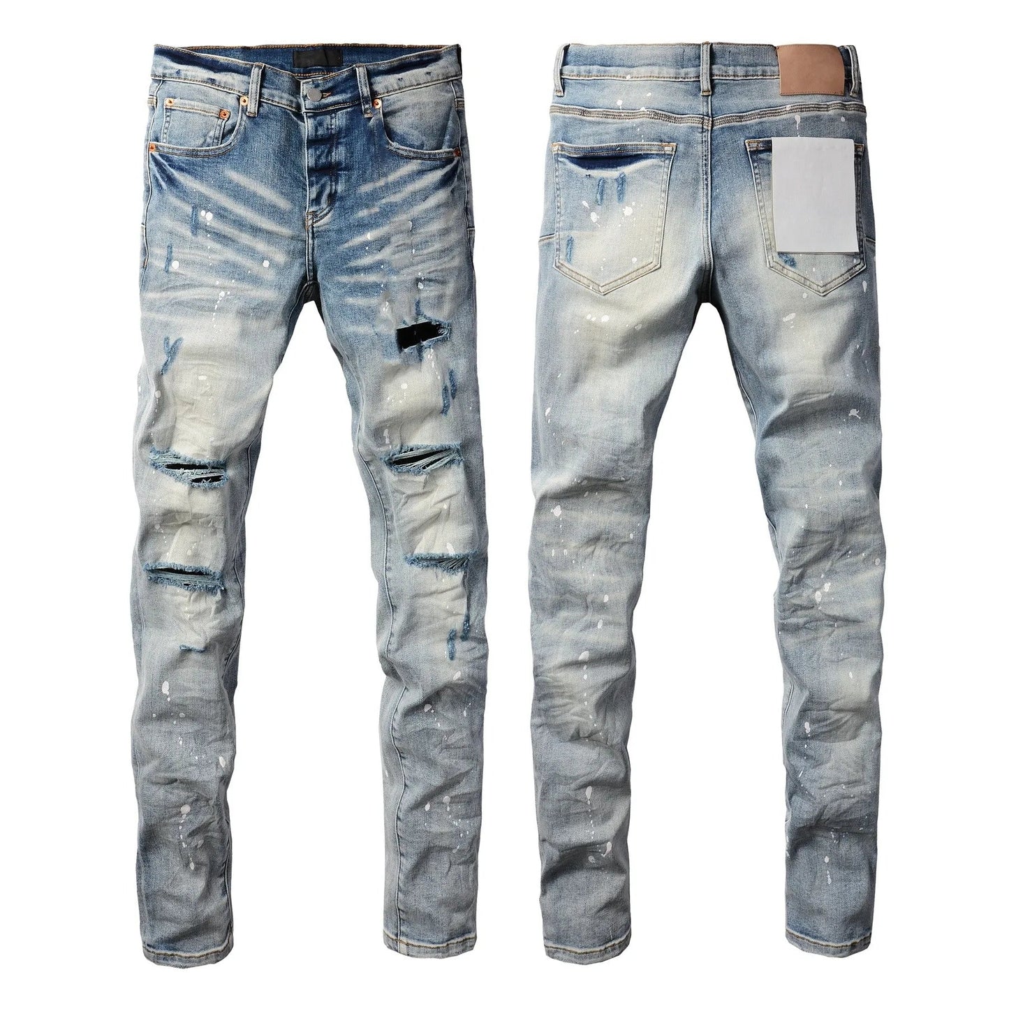 Men Jeans Fashion Trends Distressed Light Indigo Damaged Holes Graffiti pattern Stretch Skinny Button Fly Ripped Jeans Pants - PratSN