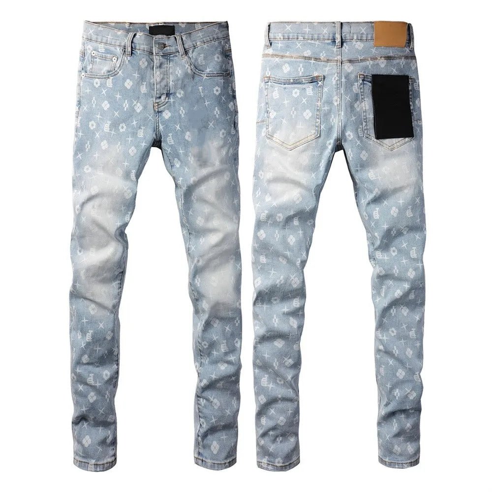 Men Jeans Fashion Trends Distressed Light Indigo Damaged Holes Graffiti pattern Stretch Skinny Button Fly Ripped Jeans Pants - PratSN