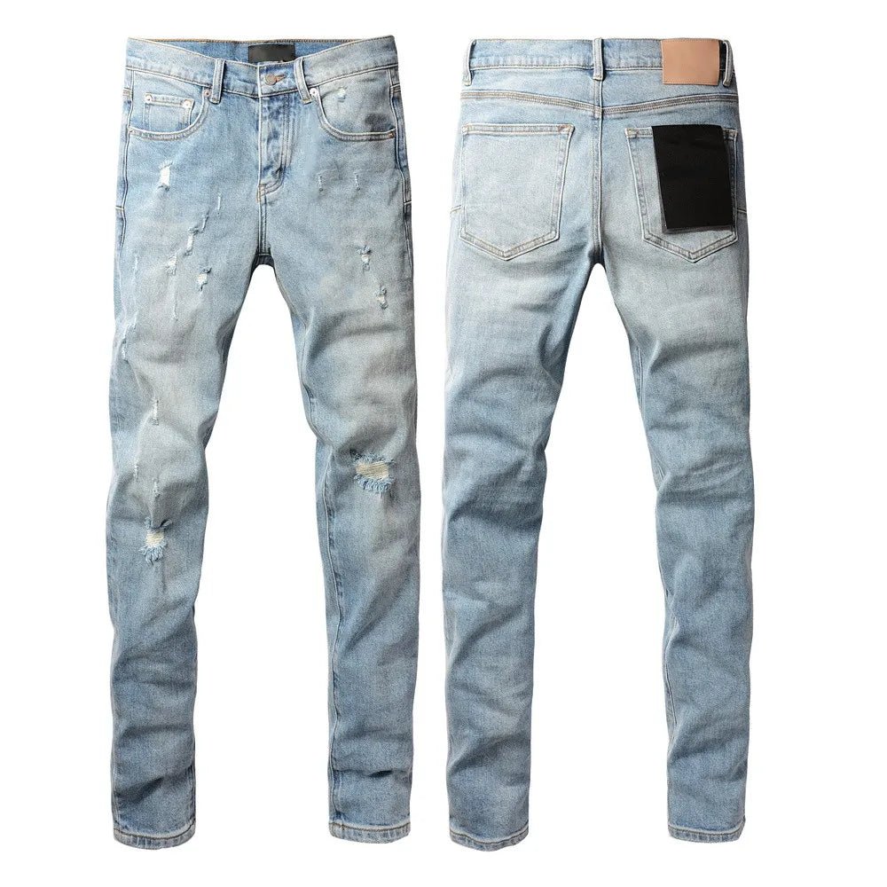 Men Jeans Fashion Trends Distressed Light Indigo Damaged Holes Graffiti pattern Stretch Skinny Button Fly Ripped Jeans Pants - PratSN