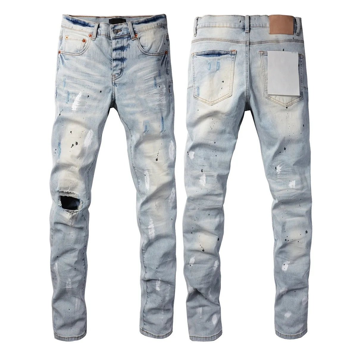 Men Jeans Fashion Trends Distressed Light Indigo Damaged Holes Graffiti pattern Stretch Skinny Button Fly Ripped Jeans Pants - PratSN