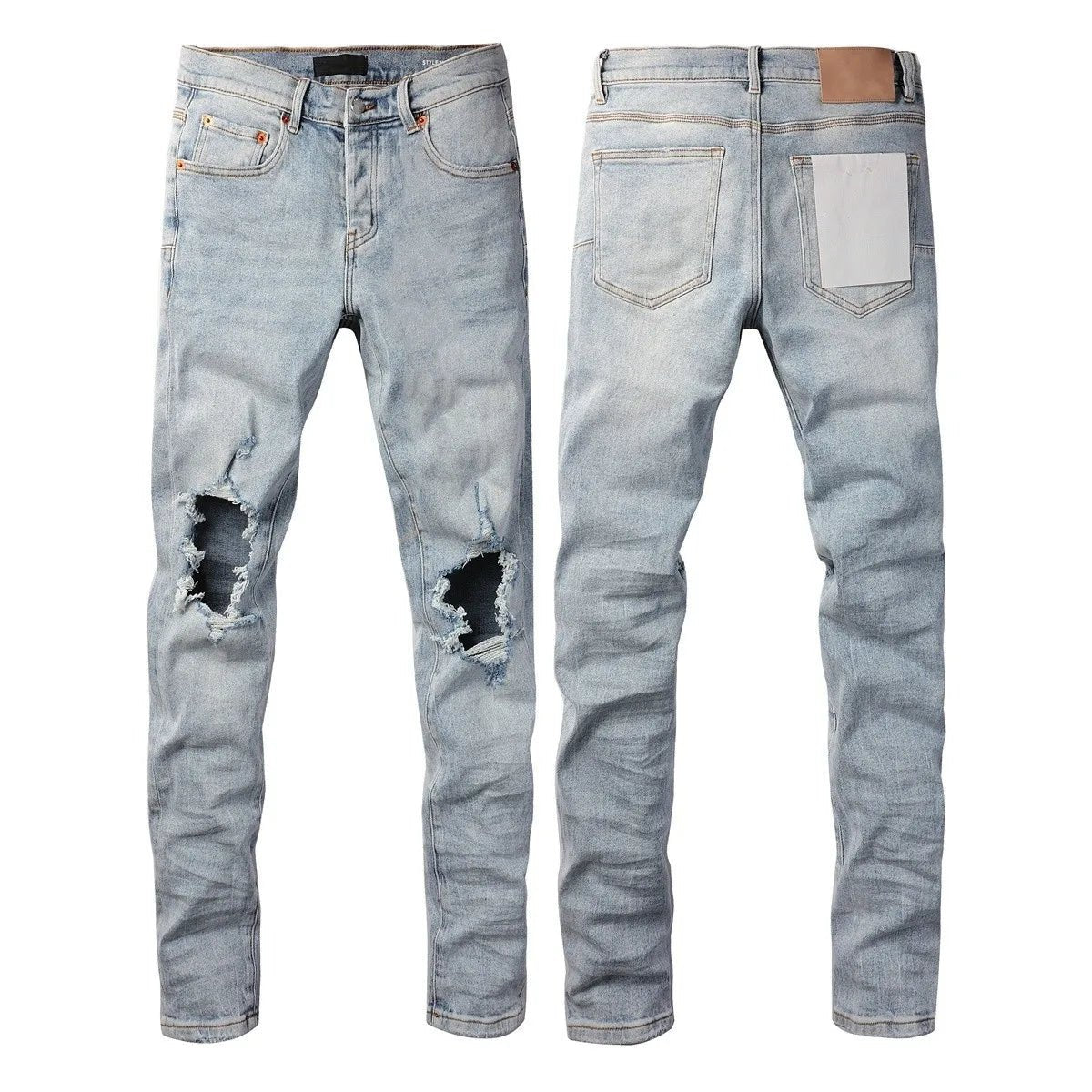 Men Jeans Fashion Trends Distressed Light Indigo Damaged Holes Graffiti pattern Stretch Skinny Button Fly Ripped Jeans Pants - PratSN