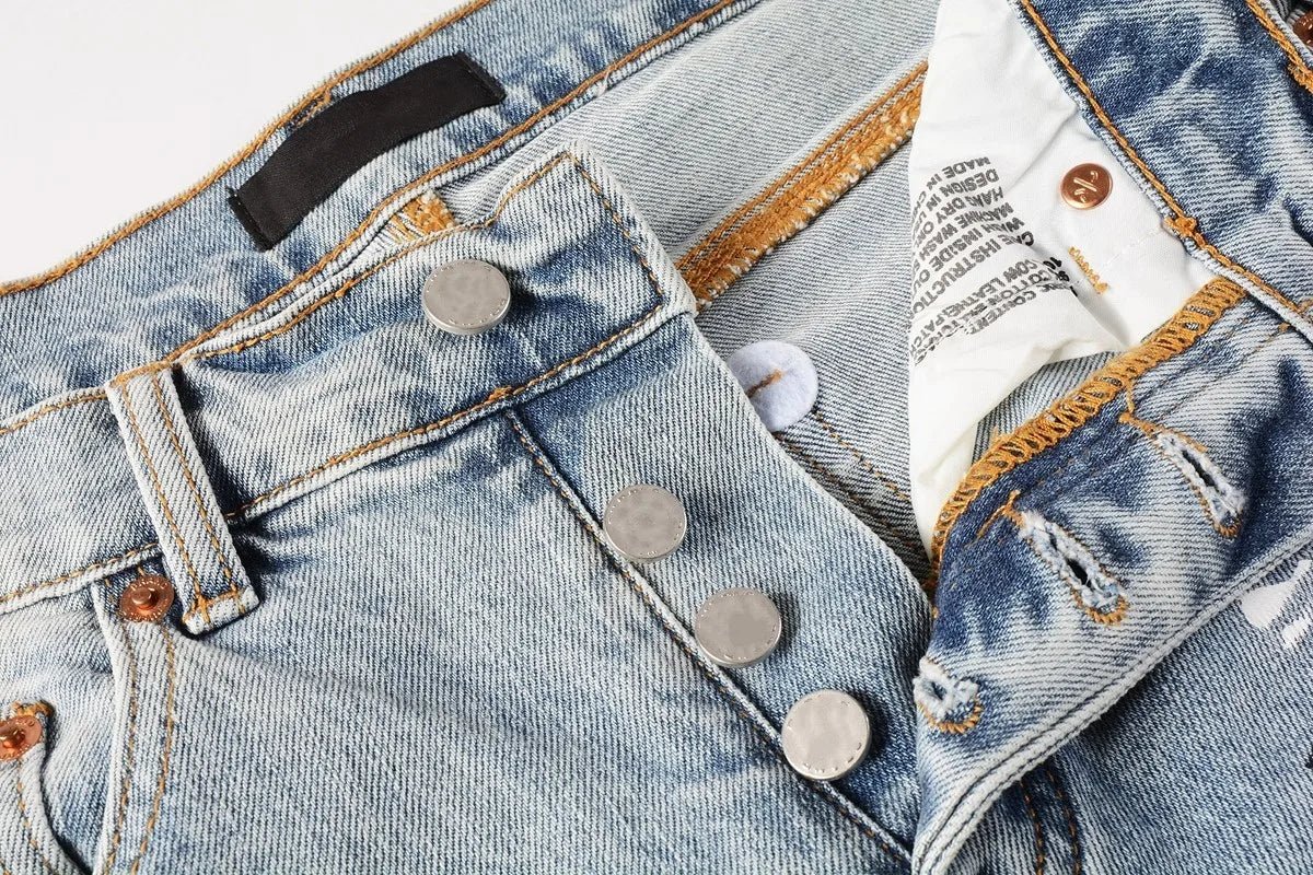 Men Jeans Fashion Trends Distressed Light Indigo Damaged Holes Graffiti pattern Stretch Skinny Button Fly Ripped Jeans Pants - PratSN