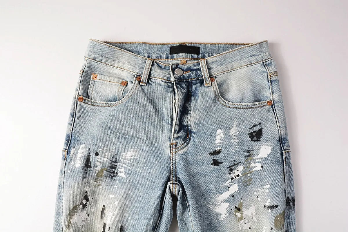 Men Jeans Fashion Trends Distressed Light Indigo Damaged Holes Graffiti pattern Stretch Skinny Button Fly Ripped Jeans Pants - PratSN