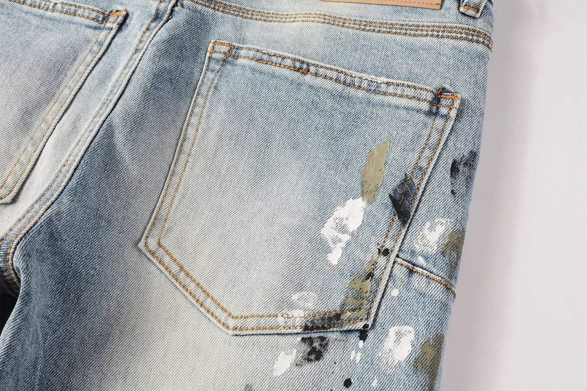 Men Jeans Fashion Trends Distressed Light Indigo Damaged Holes Graffiti pattern Stretch Skinny Button Fly Ripped Jeans Pants - PratSN