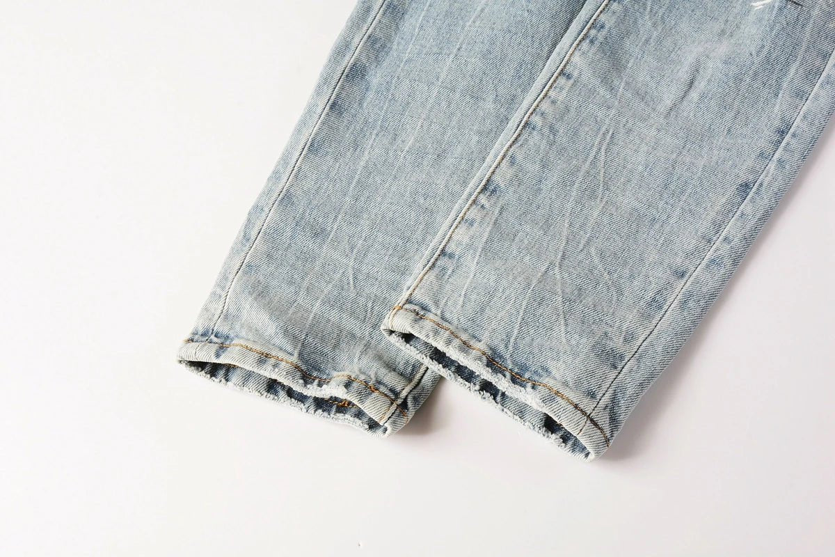 Men Jeans Fashion Trends Distressed Light Indigo Damaged Holes Graffiti pattern Stretch Skinny Button Fly Ripped Jeans Pants - PratSN