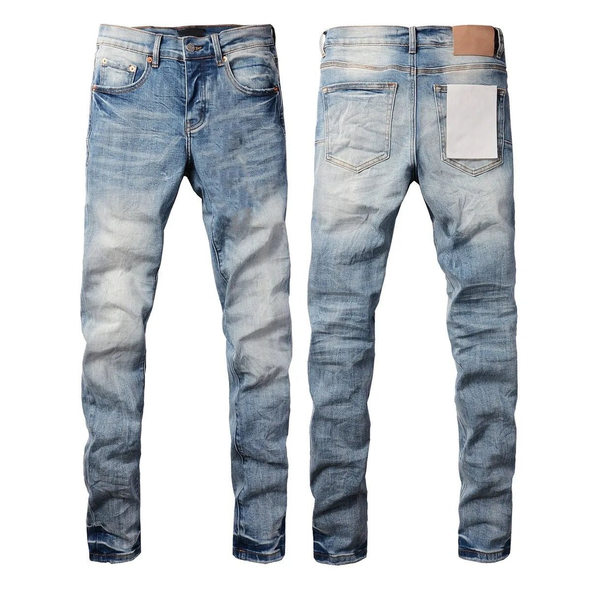 Men Jeans Fashion Trends Distressed Light Indigo Damaged Holes Graffiti pattern Stretch Skinny Button Fly Ripped Jeans Pants - PratSN