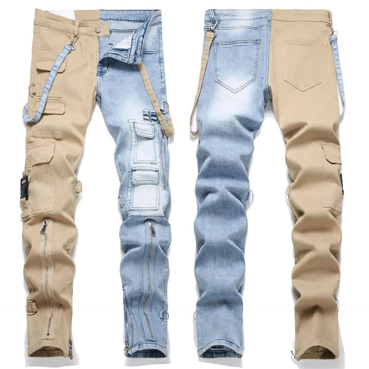 Men Jeans Long Pant Denim Pencil Pants Pockets Splice Zipper Slim Fit High Waist Regular Casual Straight Trousers Autumn Winter - PratSN