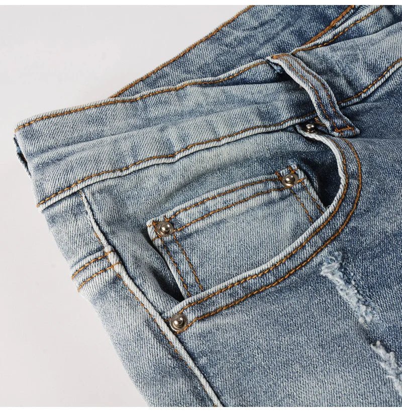 Men Leather Patches Denim Jeans Streetwear Holes Ripped High Stretch Pants Light Blue Skinny Tapered Trousers - PratSN