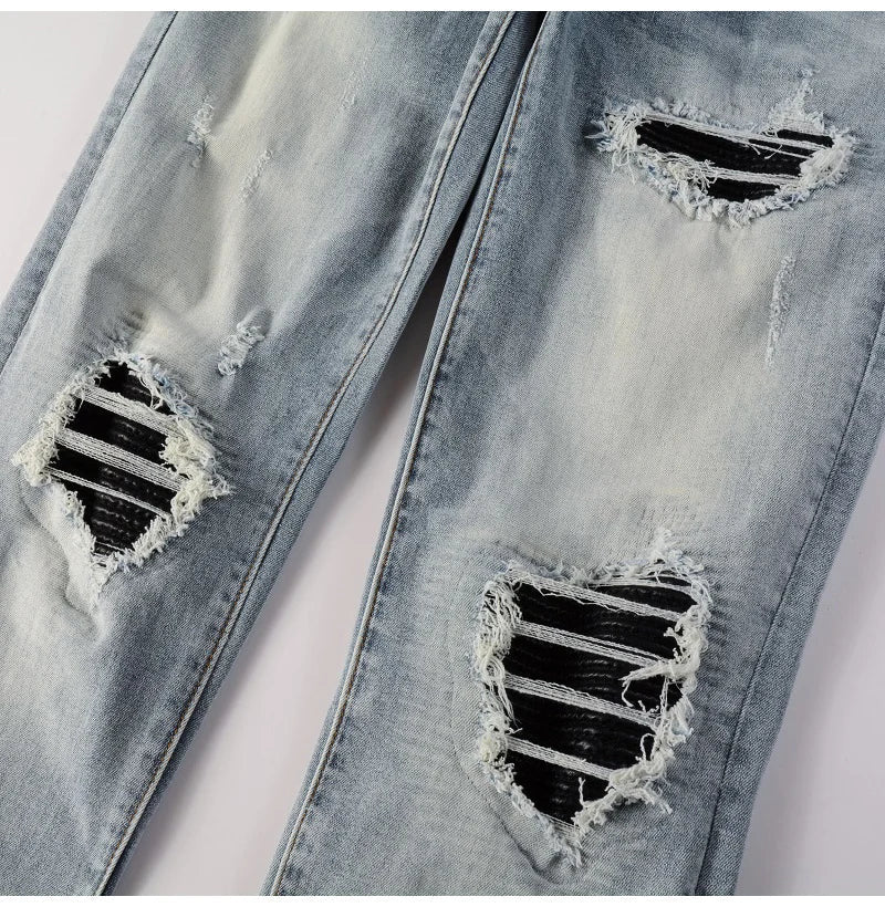 Men Leather Patches Denim Jeans Streetwear Holes Ripped High Stretch Pants Light Blue Skinny Tapered Trousers - PratSN