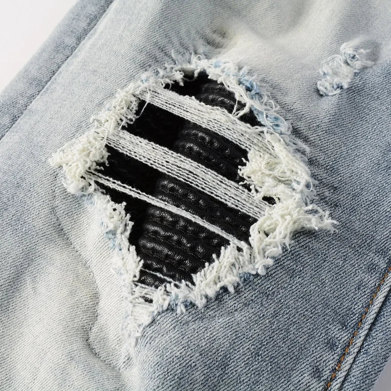 Men Leather Patches Denim Jeans Streetwear Holes Ripped High Stretch Pants Light Blue Skinny Tapered Trousers - PratSN