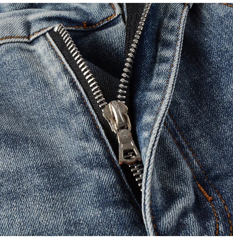 Men Leather Patches Denim Jeans Streetwear Holes Ripped High Stretch Pants Light Blue Skinny Tapered Trousers - PratSN