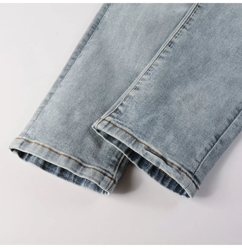 Men Leather Patches Denim Jeans Streetwear Holes Ripped High Stretch Pants Light Blue Skinny Tapered Trousers - PratSN