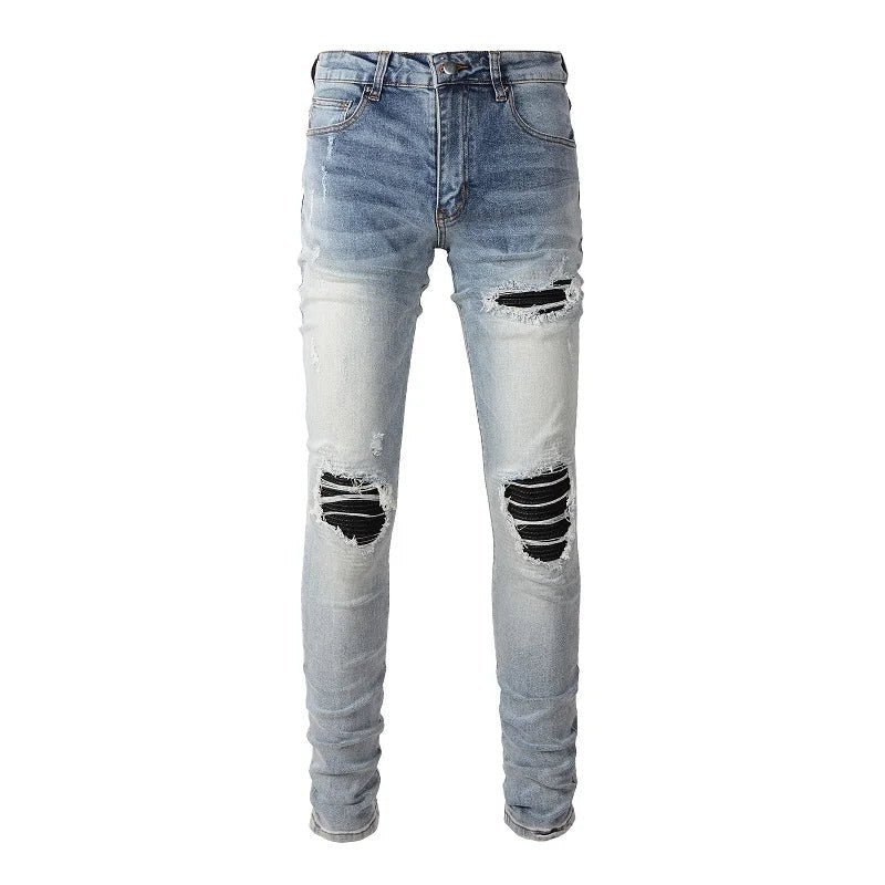Men Leather Patches Denim Jeans Streetwear Holes Ripped High Stretch Pants Light Blue Skinny Tapered Trousers - PratSN