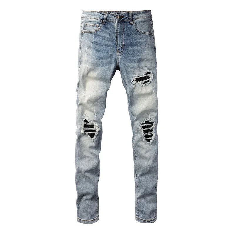 Men Leather Patches Denim Jeans Streetwear Holes Ripped High Stretch Pants Light Blue Skinny Tapered Trousers - PratSN