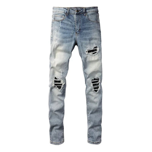 Men Leather Patches Denim Jeans Streetwear Holes Ripped High Stretch Pants Light Blue Skinny Tapered Trousers - PratSN