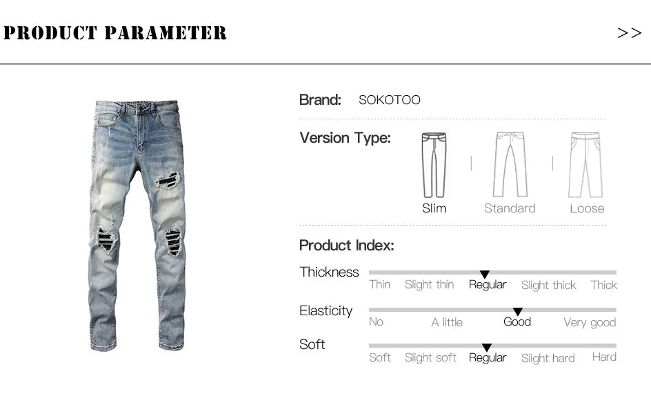 Men Leather Patches Denim Jeans Streetwear Holes Ripped High Stretch Pants Light Blue Skinny Tapered Trousers - PratSN