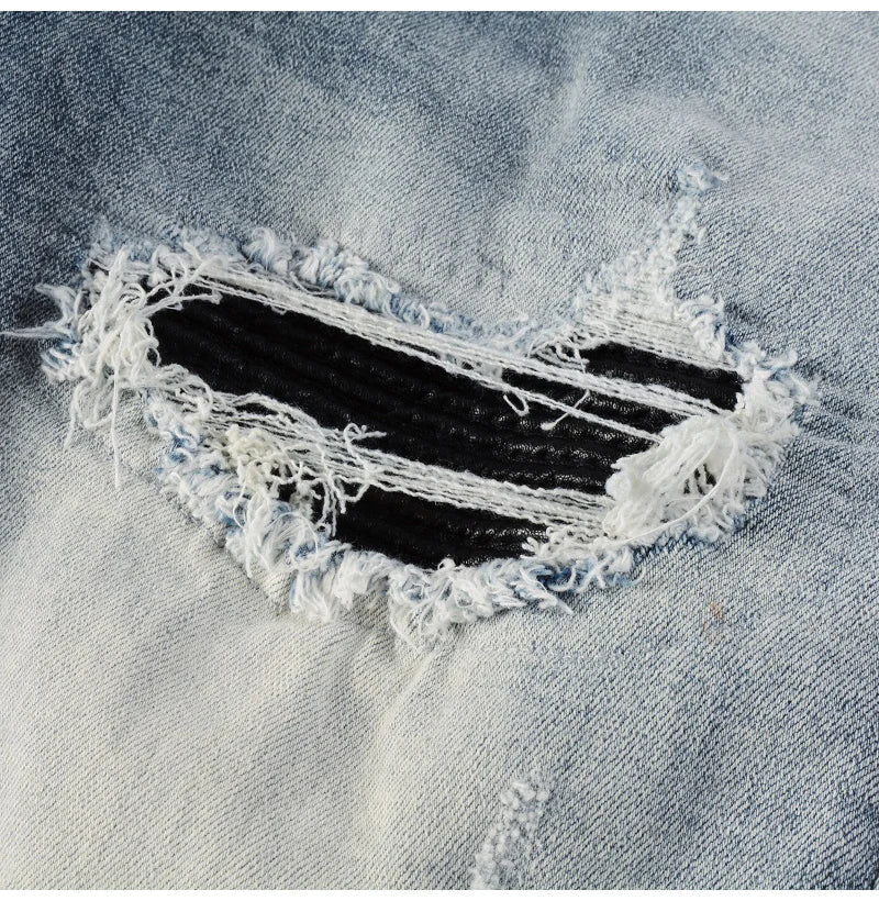 Men Leather Patches Denim Jeans Streetwear Holes Ripped High Stretch Pants Light Blue Skinny Tapered Trousers - PratSN