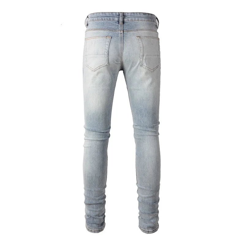 Men Leather Patches Denim Jeans Streetwear Holes Ripped High Stretch Pants Light Blue Skinny Tapered Trousers - PratSN