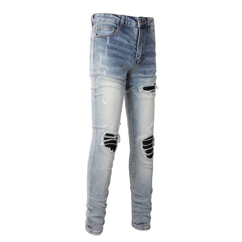 Men Leather Patches Denim Jeans Streetwear Holes Ripped High Stretch Pants Light Blue Skinny Tapered Trousers - PratSN