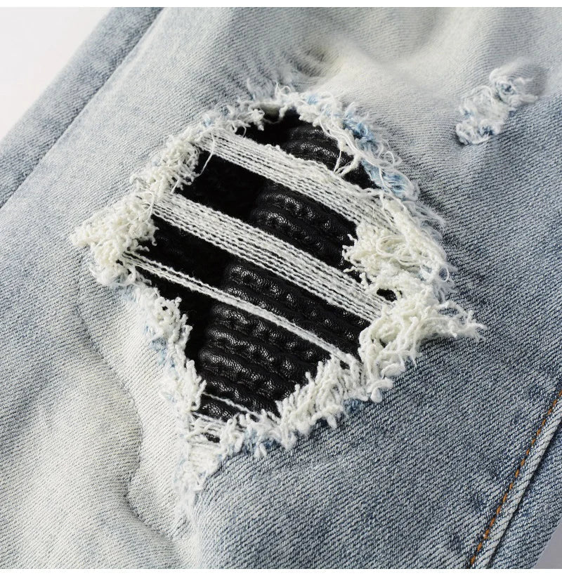 Men Leather Patches Denim Jeans Streetwear Holes Ripped High Stretch Pants Light Blue Skinny Tapered Trousers - PratSN
