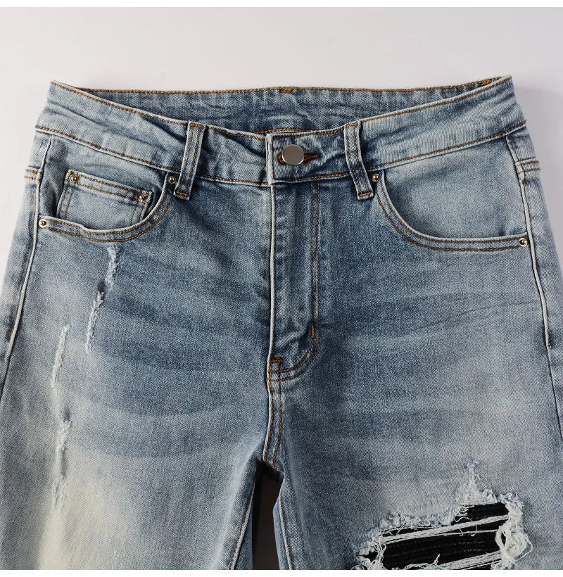 Men Leather Patches Denim Jeans Streetwear Holes Ripped High Stretch Pants Light Blue Skinny Tapered Trousers - PratSN
