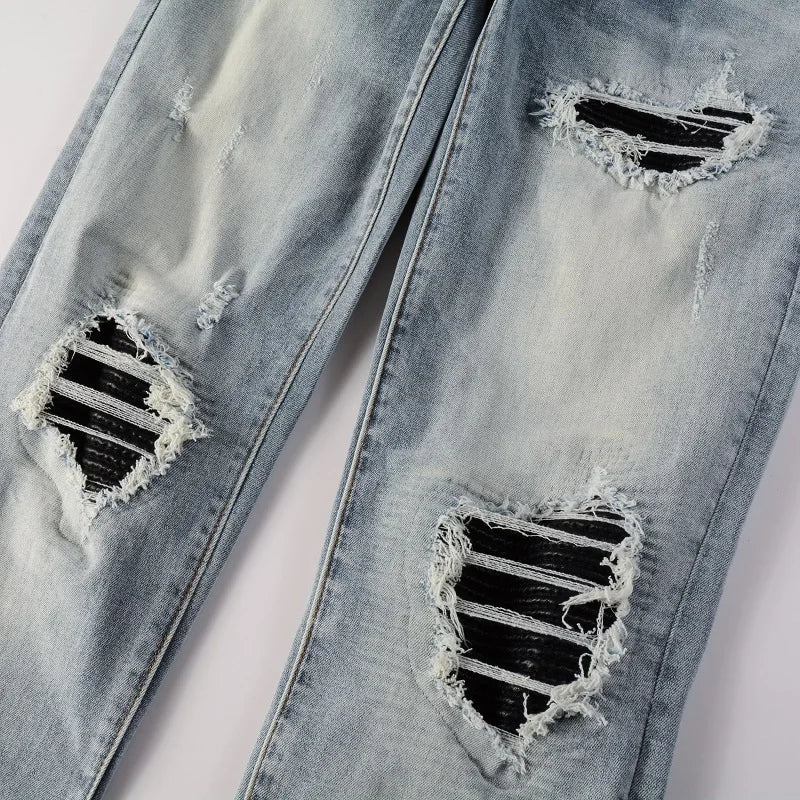 Men Leather Patches Denim Jeans Streetwear Holes Ripped High Stretch Pants Light Blue Skinny Tapered Trousers - PratSN